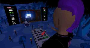 Screenshot from Second Life showing giant TV in Prados Azules